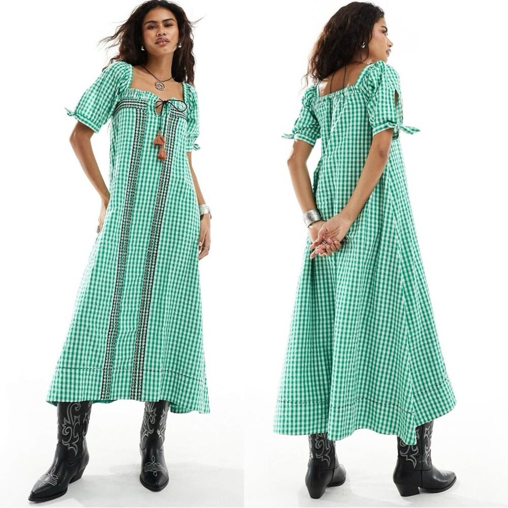Free People Bohemian Embroidered Gingham Seersucker Cass Maxi Dress Green Small - Picture 4 of 16